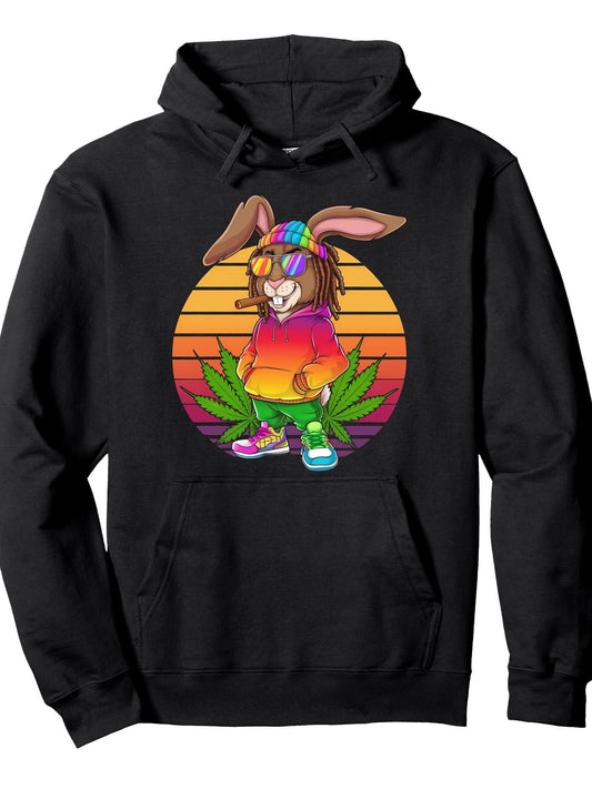 420 Easter Bunny Rasta Style Smoking Weed Funny Marijuana Pullover Hoodie Easter Weed Black 250gsm Cotton Long Sleeve Men Casual Hoodie