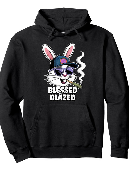 420 Easter Blessed and Blazed Easter Bunny Smoking Weed Pullover Hoodie Easter Weed Black 250gsm Cotton Long Sleeve Men Casual Hoodie