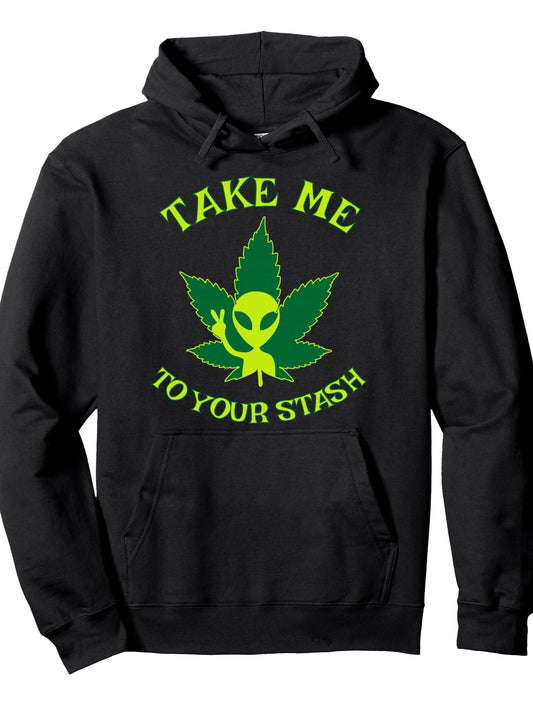 Alien Weed Leaf Stoner 420 Stash Fiction Pot Lovers Design Pullover Hoodie Weed Black 250gsm Cotton Long Sleeve Men Casual Hoodie