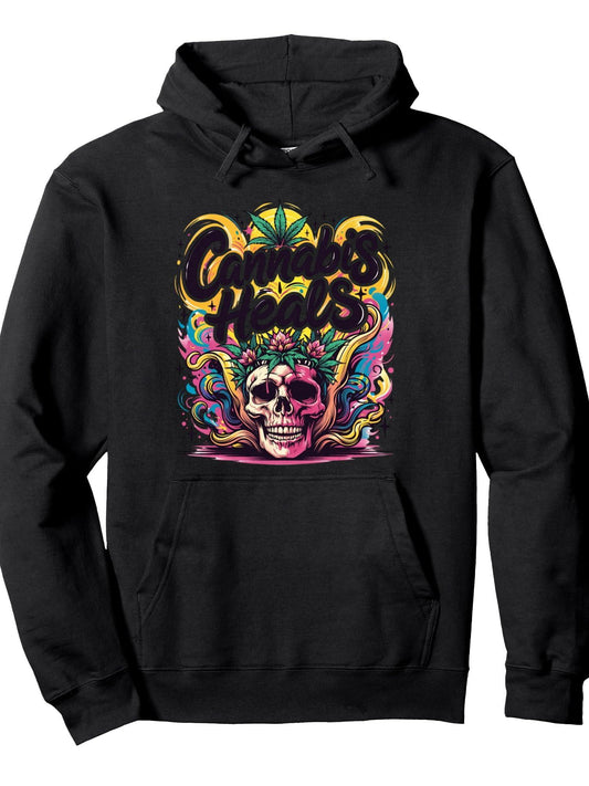 420 Cannabis Psychedelic Stoner Skull Crown Trippy Weed Pullover Hoodie Weed Black 250gsm Cotton Long Sleeve Men Casual Hoodie