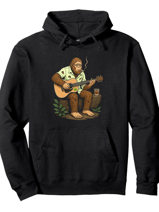 Bigfoot Playing Guitar Weed Lover Stoner Cannabis Marijuana Pullover Hoodie Weed Black 250gsm Cotton Long Sleeve Men Casual Hoodie