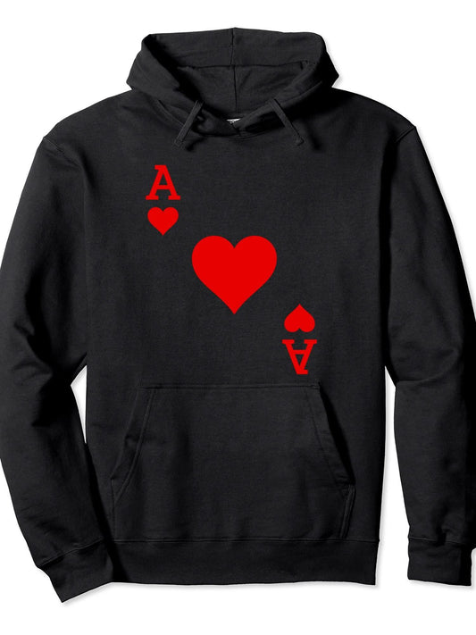 Ace of Hearts Deck of Cards Carnival Halloween Costume Pullover Hoodie Carnival Black 250gsm Cotton Long Sleeve Men Casual Hoodie