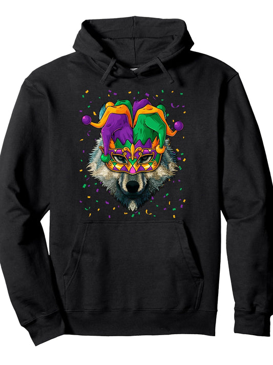 Wolf Mardi Gras Animal Face Carnival Jester Festival Pullover Hoodie Carnival Black 250gsm Cotton Long Sleeve Men Casual Hoodie