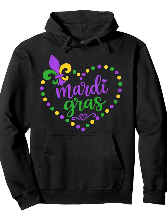 Women Mardi Gras Carnival Hearts Jester Beads Womens Girls Pullover Hoodie Carnival Black 250gsm Cotton Long Sleeve Men Casual Hoodie