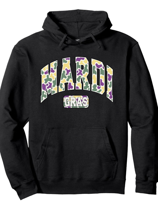 Camo Mardi Gras Retro Camouflage Mardi Gras Carnival Pullover Hoodie Carnival Black 250gsm Cotton Long Sleeve Men Casual Hoodie