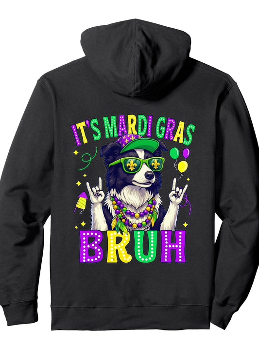 Border Collie Bruh Mardi Gras Boys Girls Kid Carnival Parade Pullover Hoodie Carnival Black 250gsm Cotton Long Sleeve Men Casual Hoodie